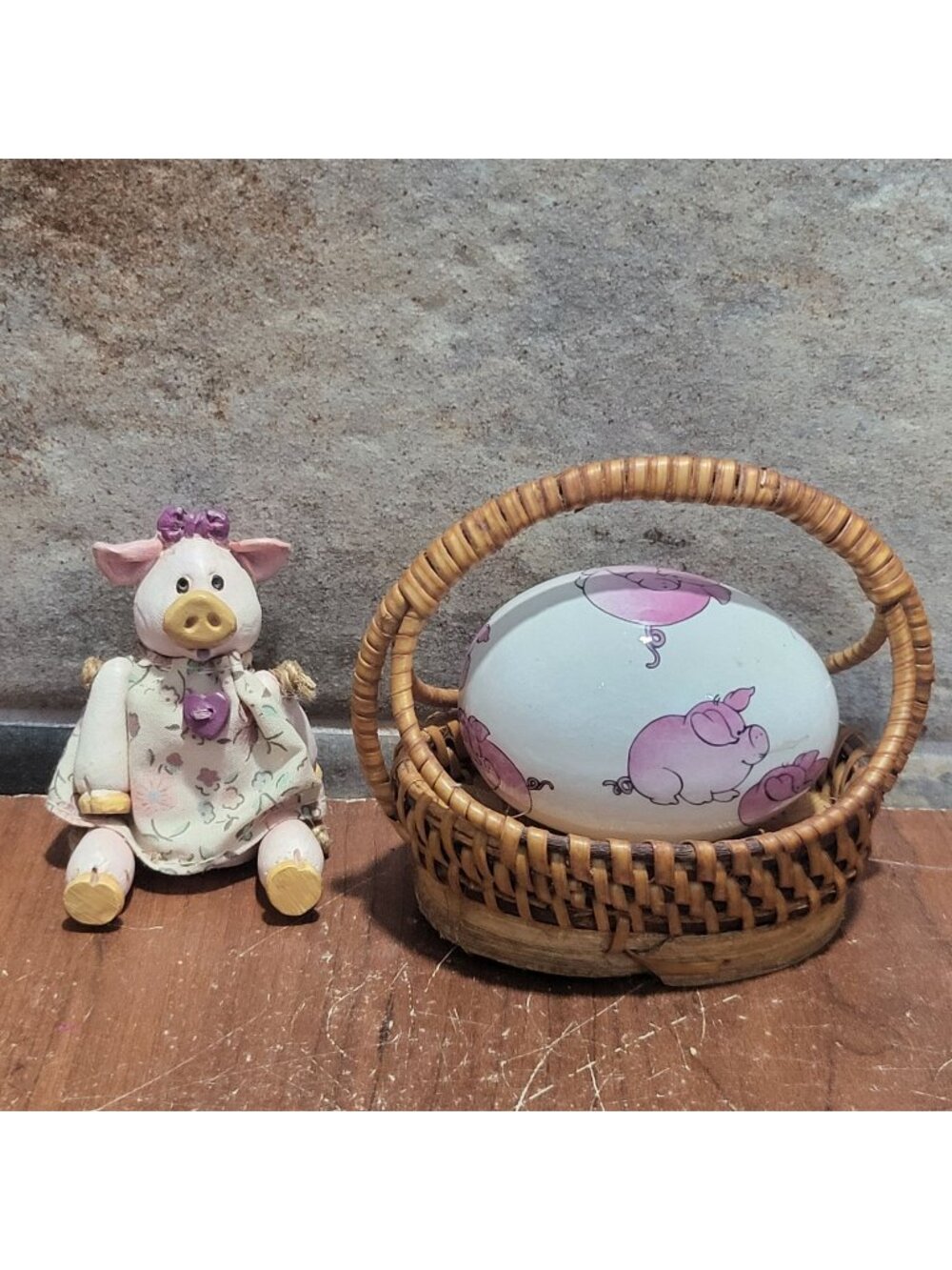 Miniature Jointed Pig Figurine Shelf Sitter Decorative Porcelain Egg Wicker Bask
